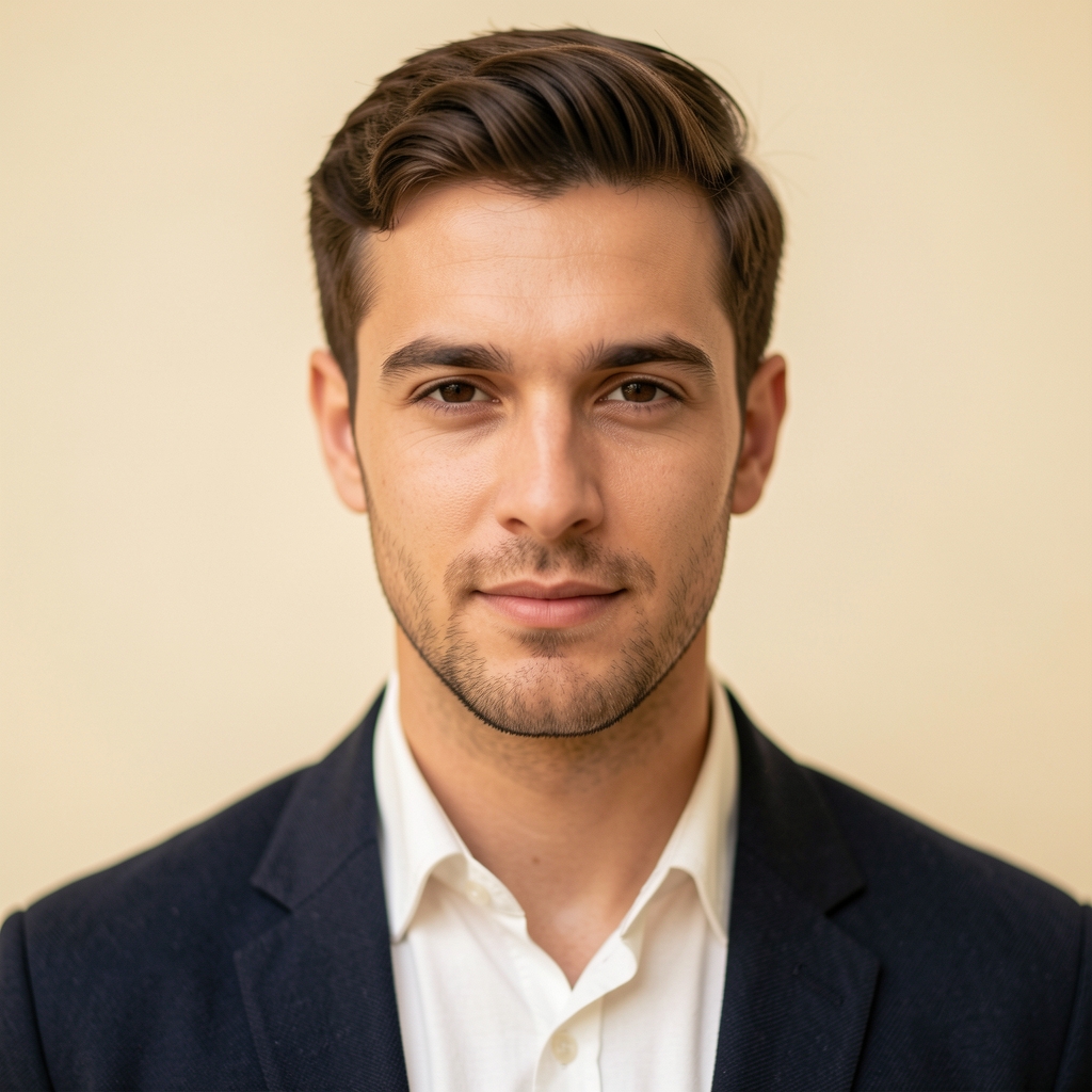 Portrait of a man in his late twenties, photographed in a neutral studio setting against a warm cream background, direct natural-feeling light