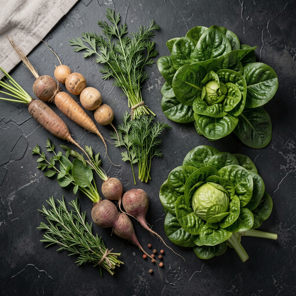 Overhead shot of a well-arranged seasonal produce flat-lay featuring root vegetables, fresh herbs, and leafy greens on a textured dark surface in a home kitchen setting