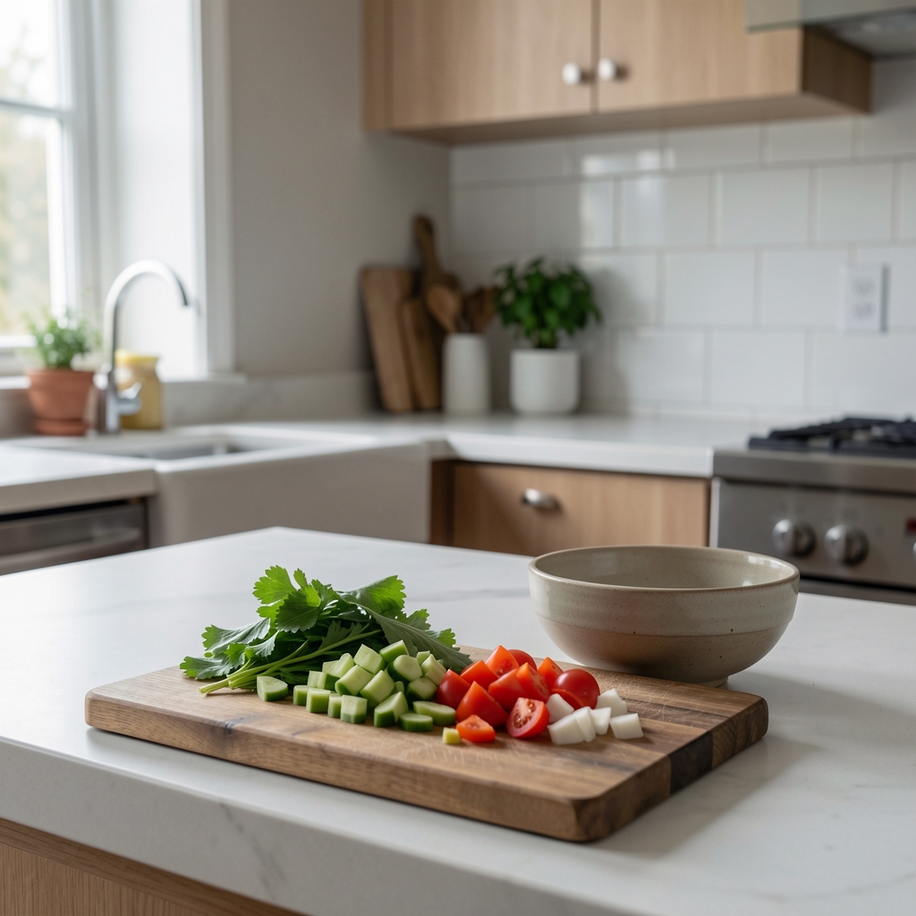 Home kitchen counter with chopped fresh vegetables on a wooden board beside a simple ceramic bowl, natural window light from the left